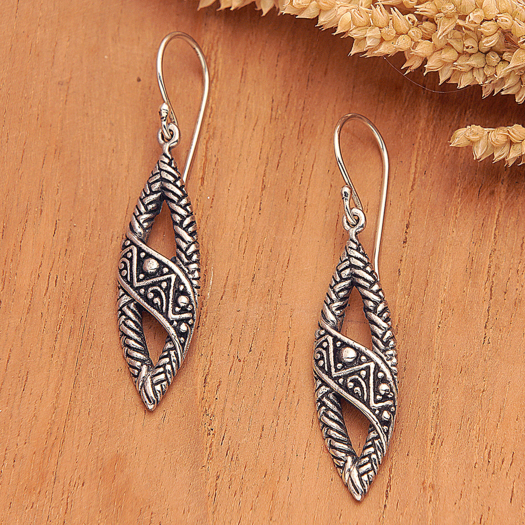 Sterling Silver Dangle Earrings with Textured Balinese Motif - Bali Style