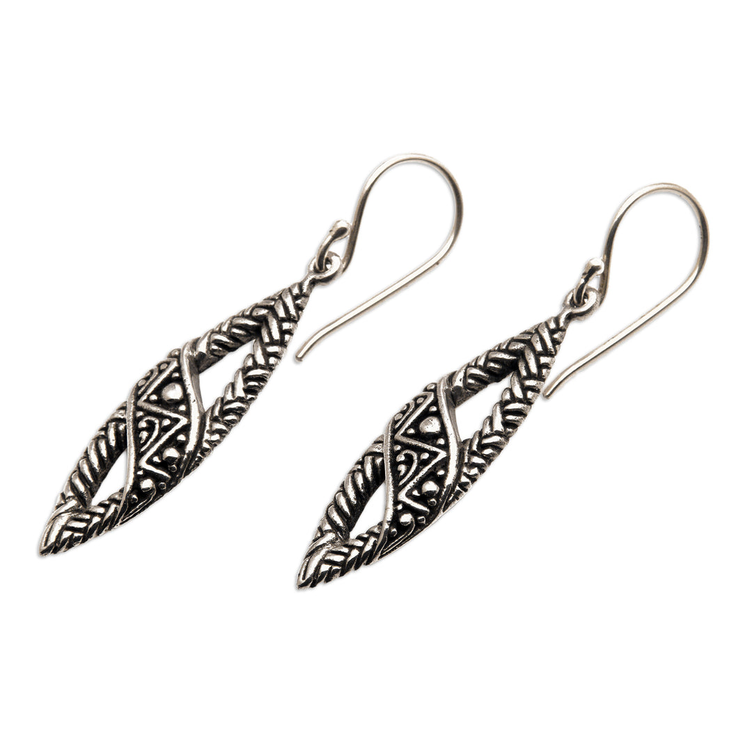 Sterling Silver Dangle Earrings with Textured Balinese Motif - Bali Style