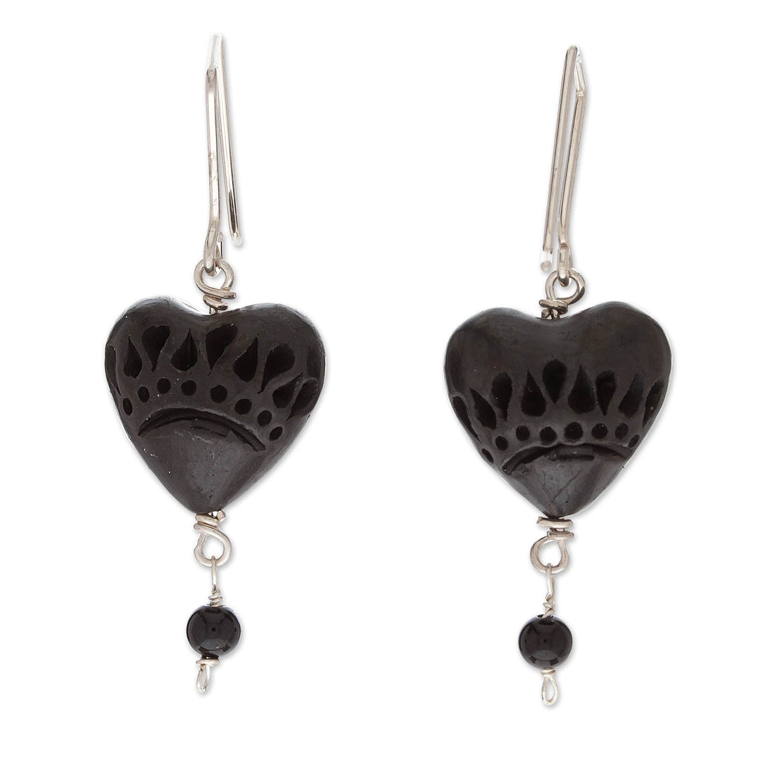 Romantic Heart-Shaped Barro Negro and Onyx Dangle Earrings - Barro Negro Passion