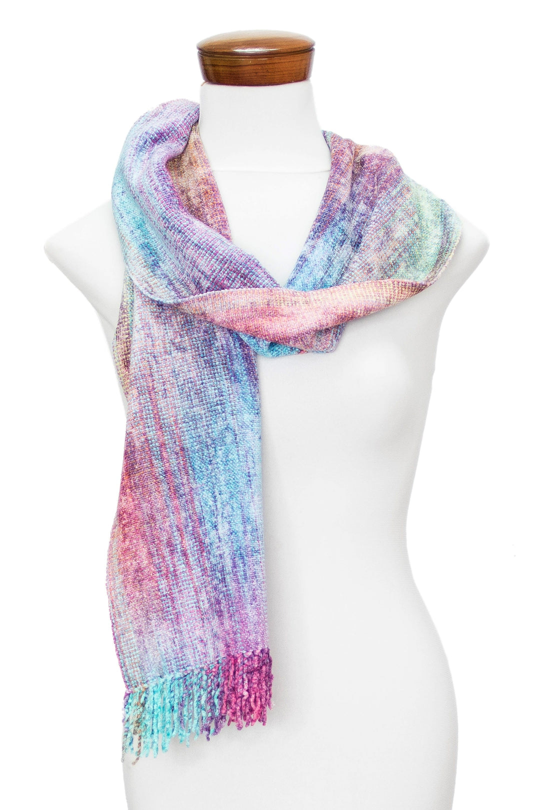 Handloomed Pastel-Toned Rayon Chenille Scarf with Fringes - Pastel Dream
