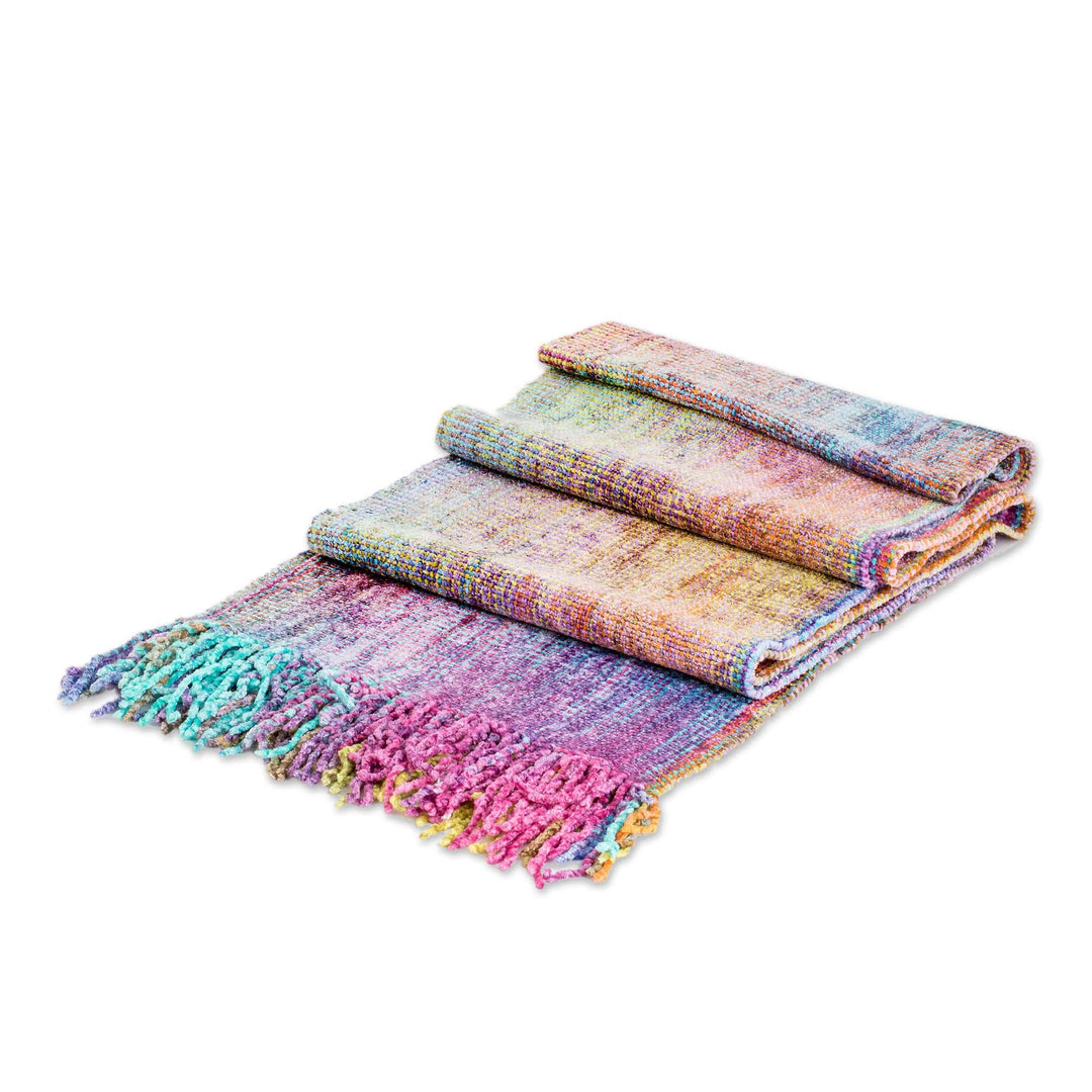 Handloomed Pastel-Toned Rayon Chenille Scarf with Fringes - Pastel Dream