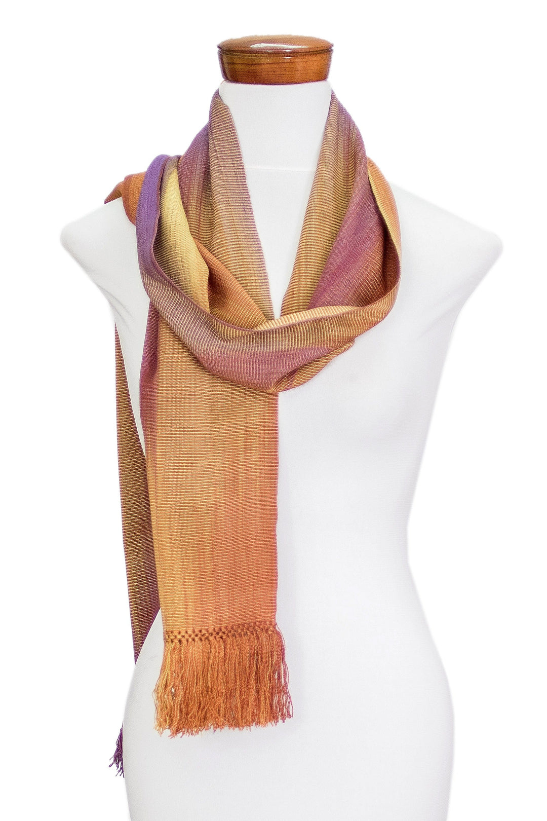 Handwoven Orange and Purple Bamboo Rayon Fringed Scarf - Iridescent Sunset