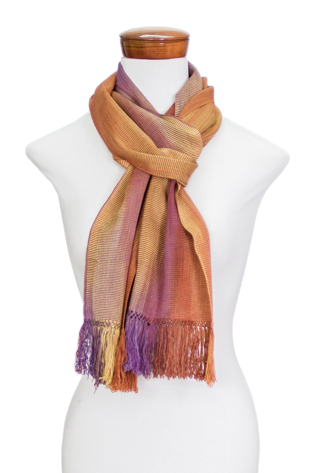 Handwoven Orange and Purple Bamboo Rayon Fringed Scarf - Iridescent Sunset
