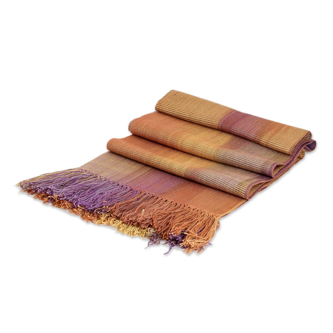 Handwoven Orange and Purple Bamboo Rayon Fringed Scarf - Iridescent Sunset