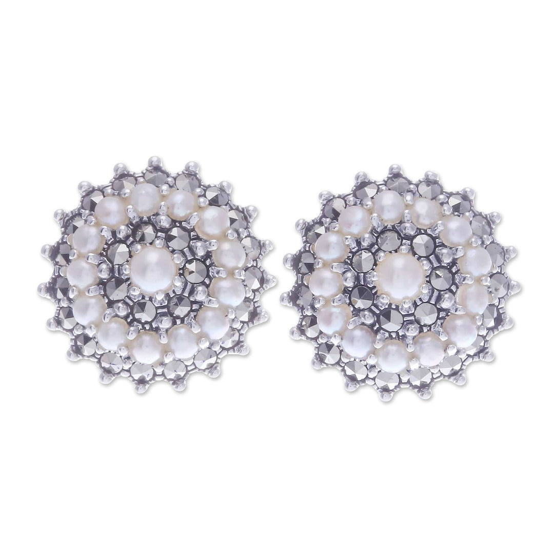 Cultured Pearl Marcasite and Sterling Silver Button Earrings - Radiant Moon