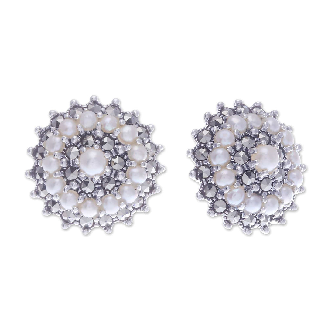 Cultured Pearl Marcasite and Sterling Silver Button Earrings - Radiant Moon