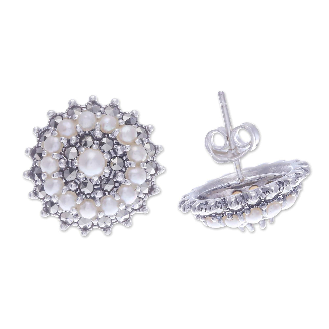 Cultured Pearl Marcasite and Sterling Silver Button Earrings - Radiant Moon