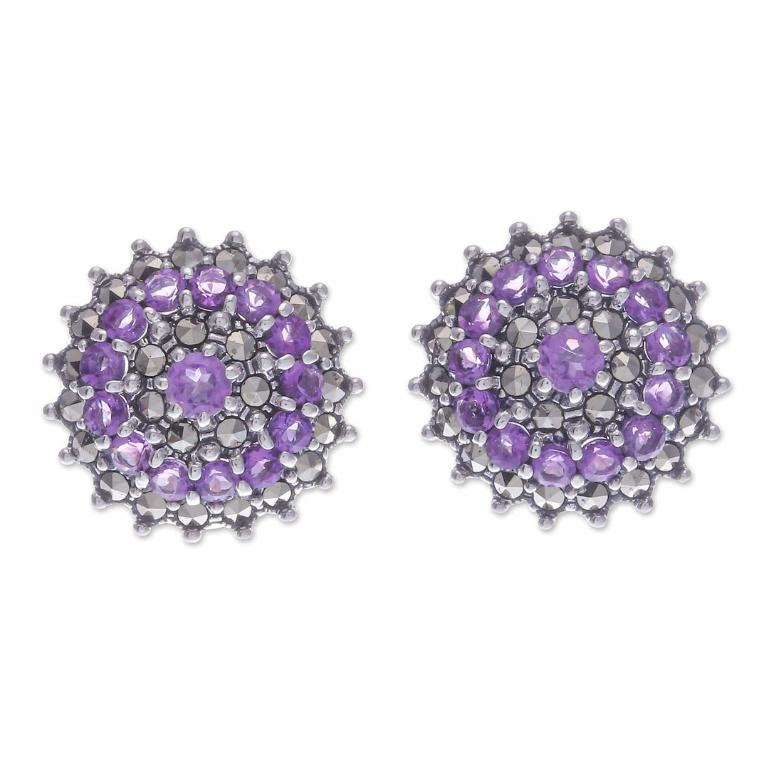 Amethyst Marcasite and Sterling Silver Button Earrings - Radiant Purple Moon