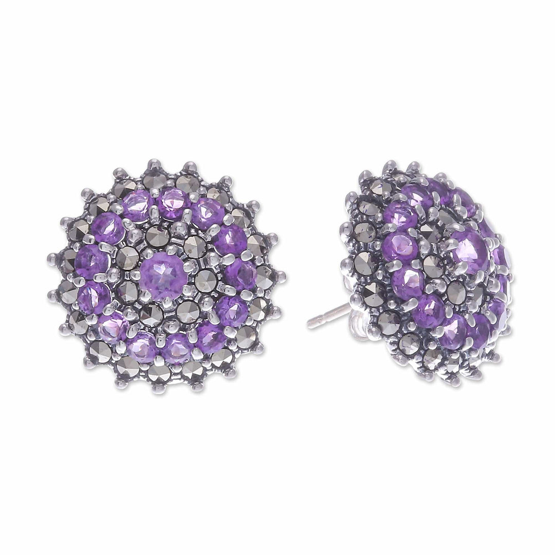 Amethyst Marcasite and Sterling Silver Button Earrings - Radiant Purple Moon