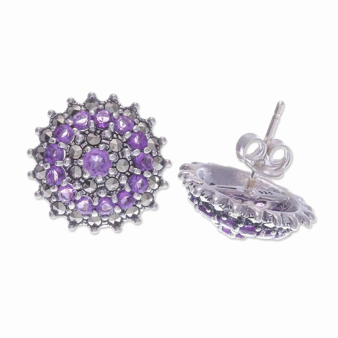 Amethyst Marcasite and Sterling Silver Button Earrings - Radiant Purple Moon