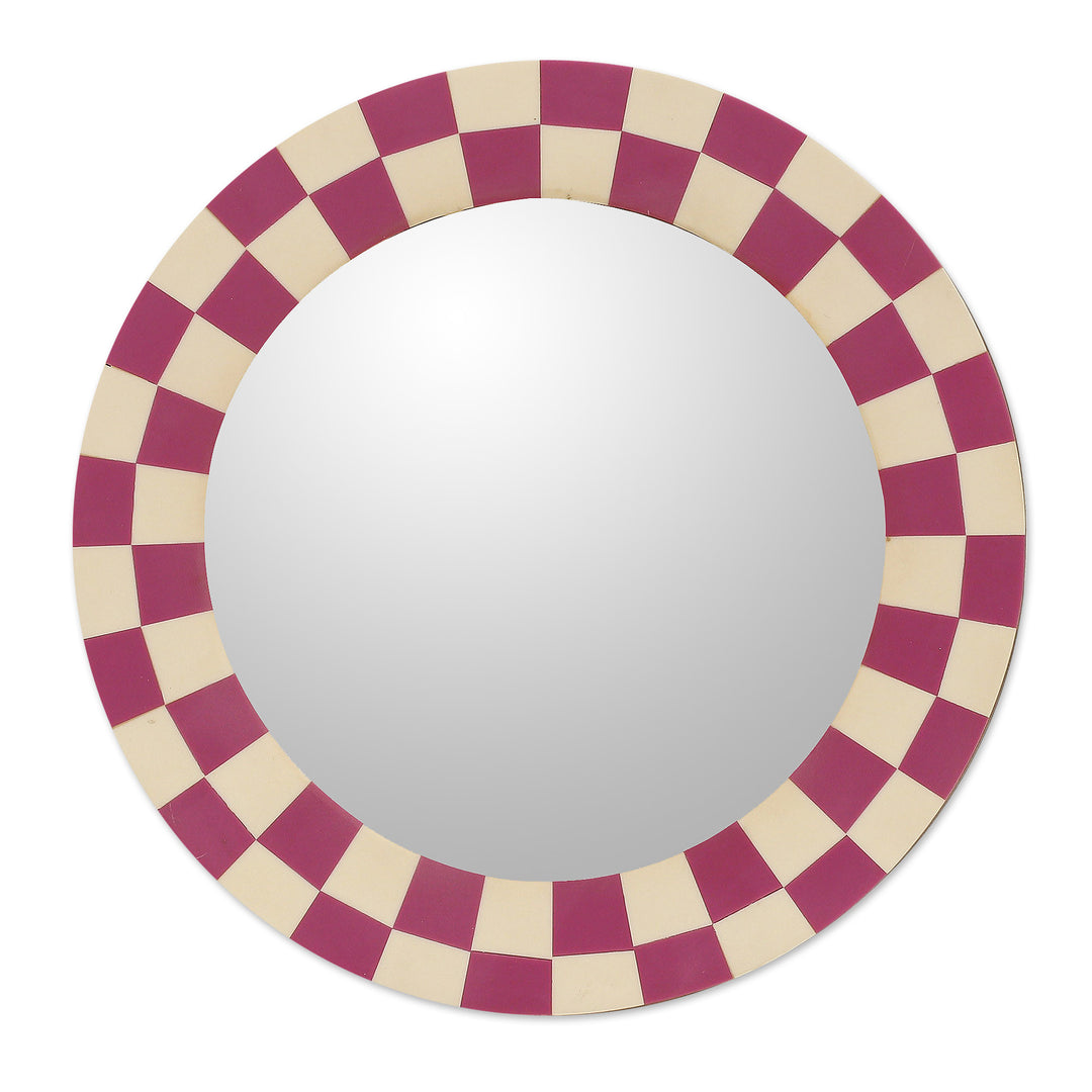 Resin Mosaic Checkerboard Wall Mirror in Pink and Ivory - Delicate Appeal