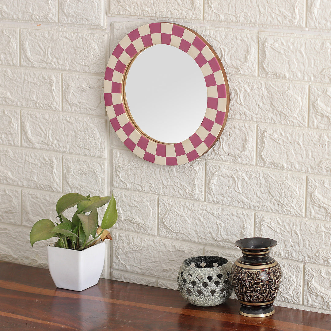 Resin Mosaic Checkerboard Wall Mirror in Pink and Ivory - Delicate Appeal