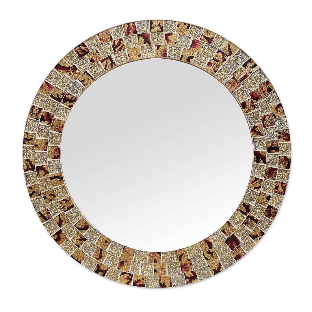 Warm-Toned Round Glass Mosaic and Wood Wall Mirror - Mountain Blast