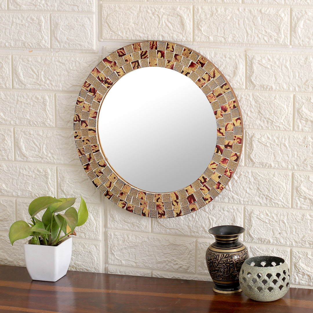 Warm-Toned Round Glass Mosaic and Wood Wall Mirror - Mountain Blast