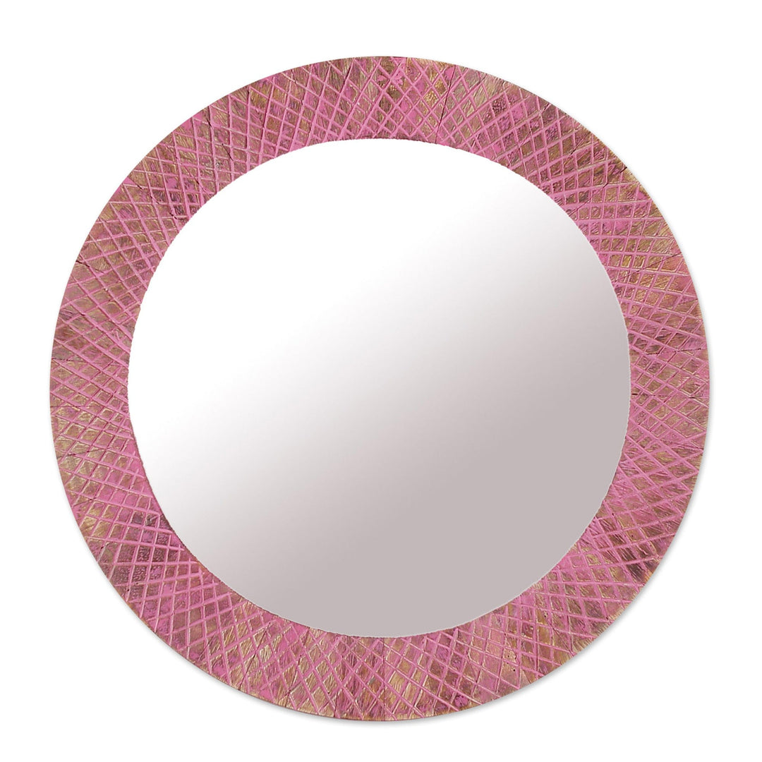Diamond-Patterned Round Brown and Pink Wood Wall Mirror - Pink Image