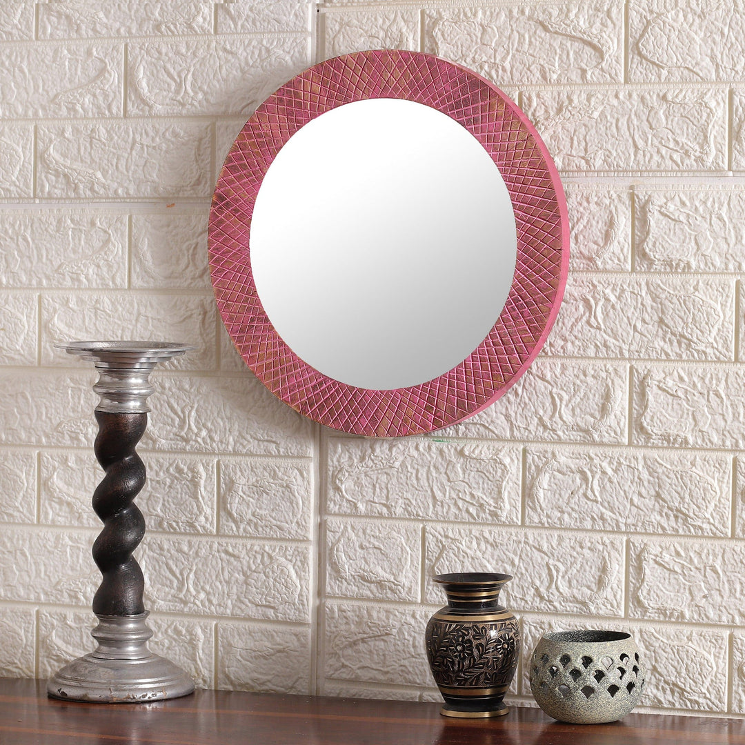 Diamond-Patterned Round Brown and Pink Wood Wall Mirror - Pink Image