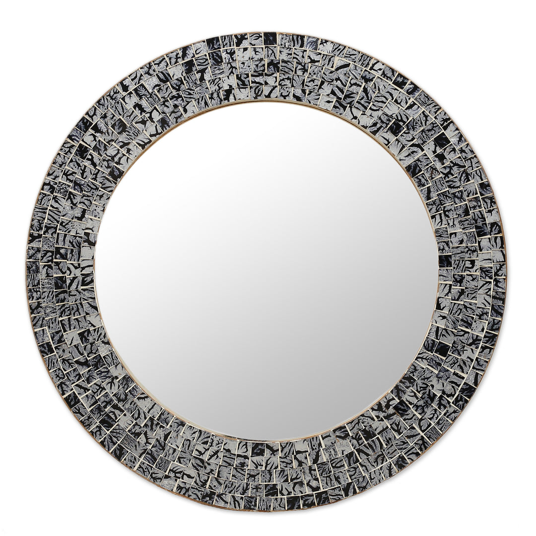 Round Black and Grey Glass and Wood Mosaic Wall Mirror - Grey Sunset