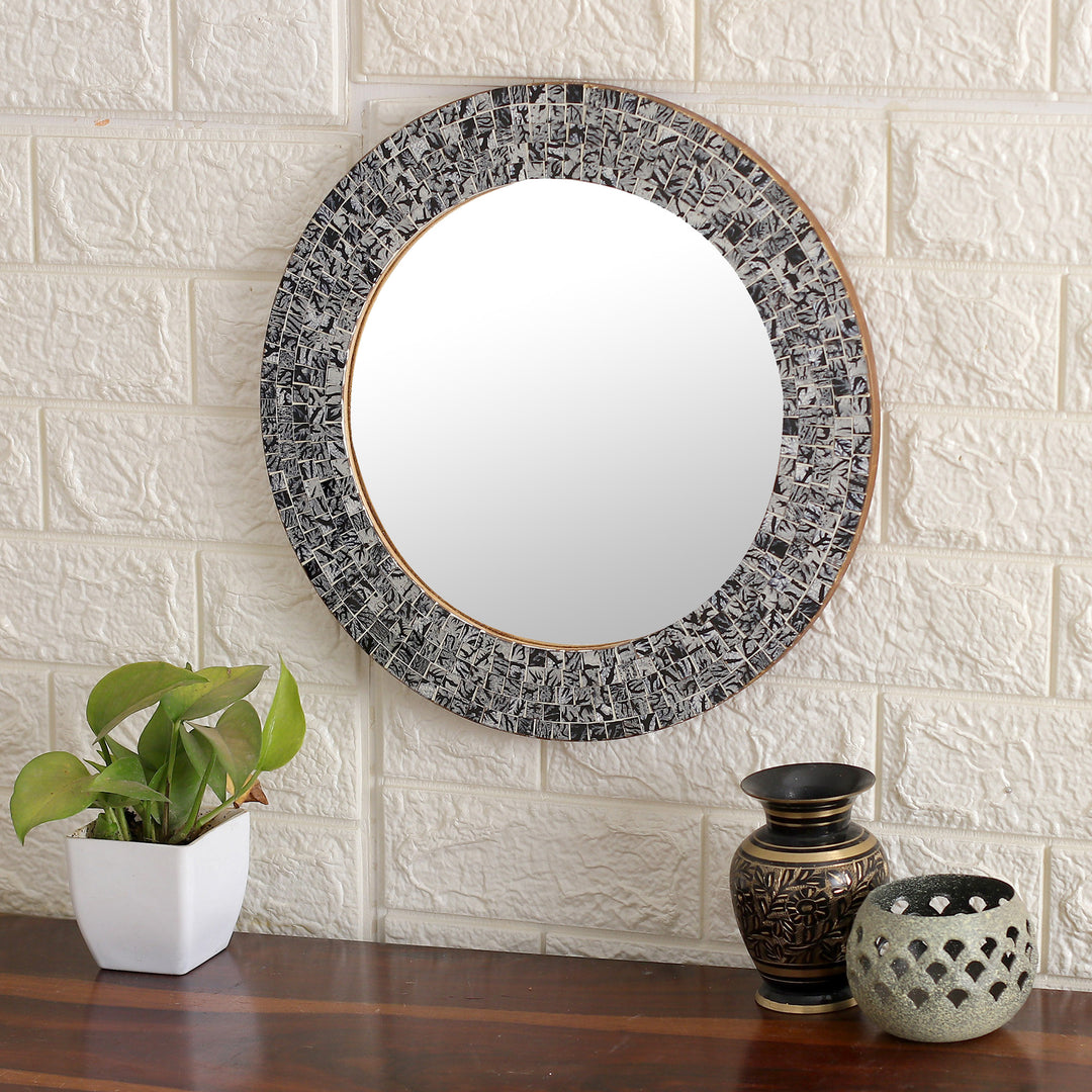 Round Black and Grey Glass and Wood Mosaic Wall Mirror - Grey Sunset