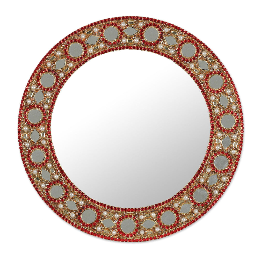 Glass Beaded Wood Round Wall Mirror in Red and Golden Hues - Glory & Glamour