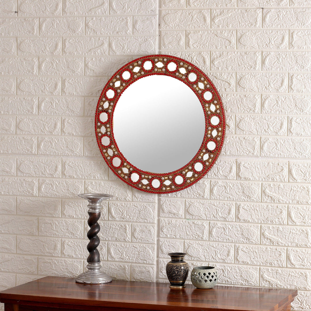 Glass Beaded Wood Round Wall Mirror in Red and Golden Hues - Glory & Glamour