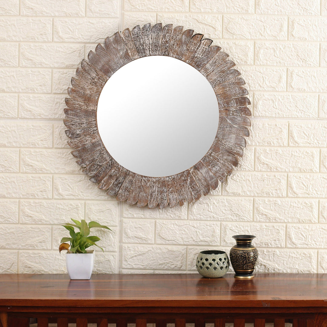 Distressed Round Wall Mirror Handcrafted from Mango Wood - Natural Halo
