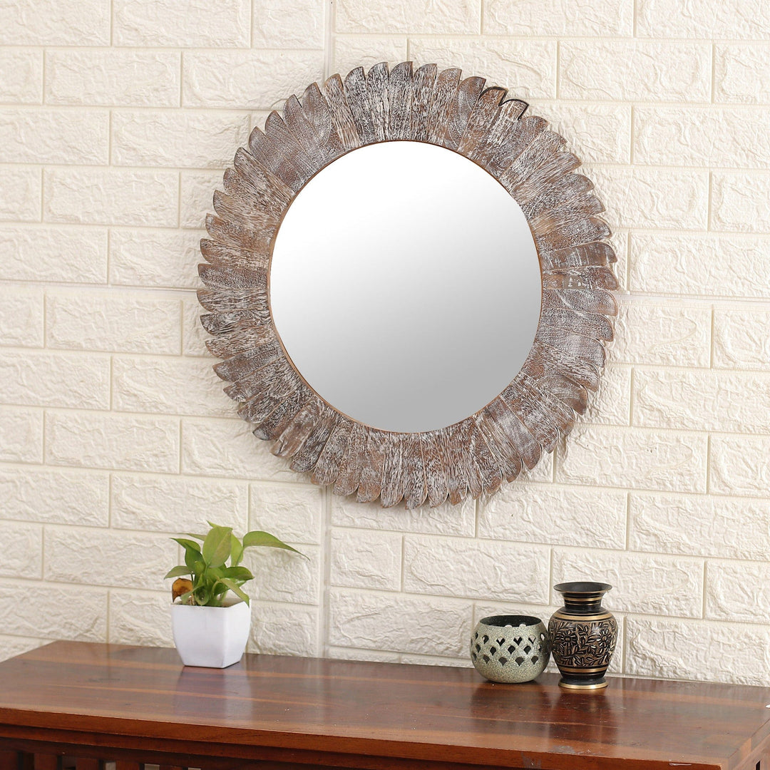 Distressed Round Wall Mirror Handcrafted from Mango Wood - Natural Halo
