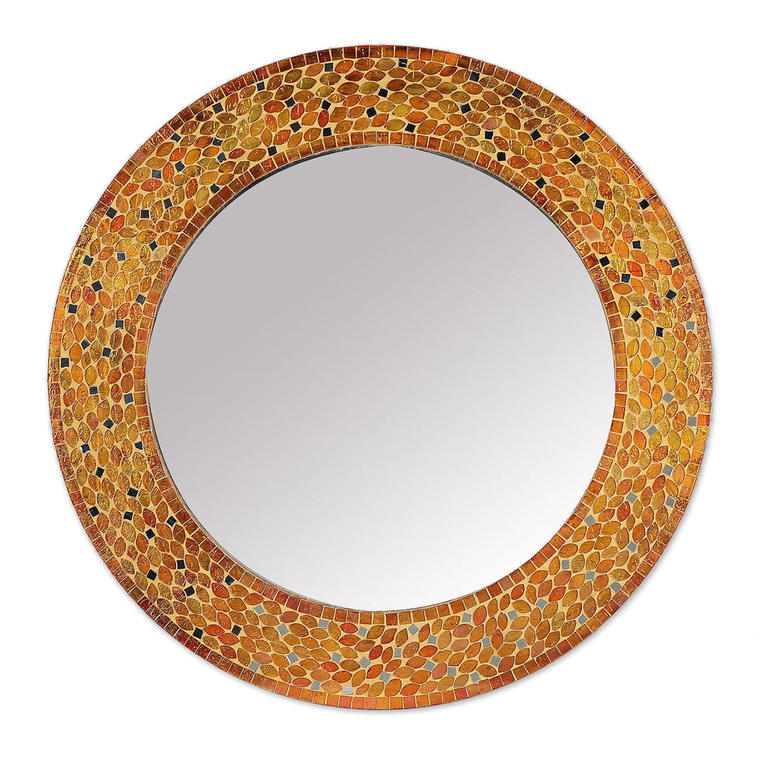 Autumn-Inspired Round Orange Glass and Wood Wall Mirror - Autumn Fragments