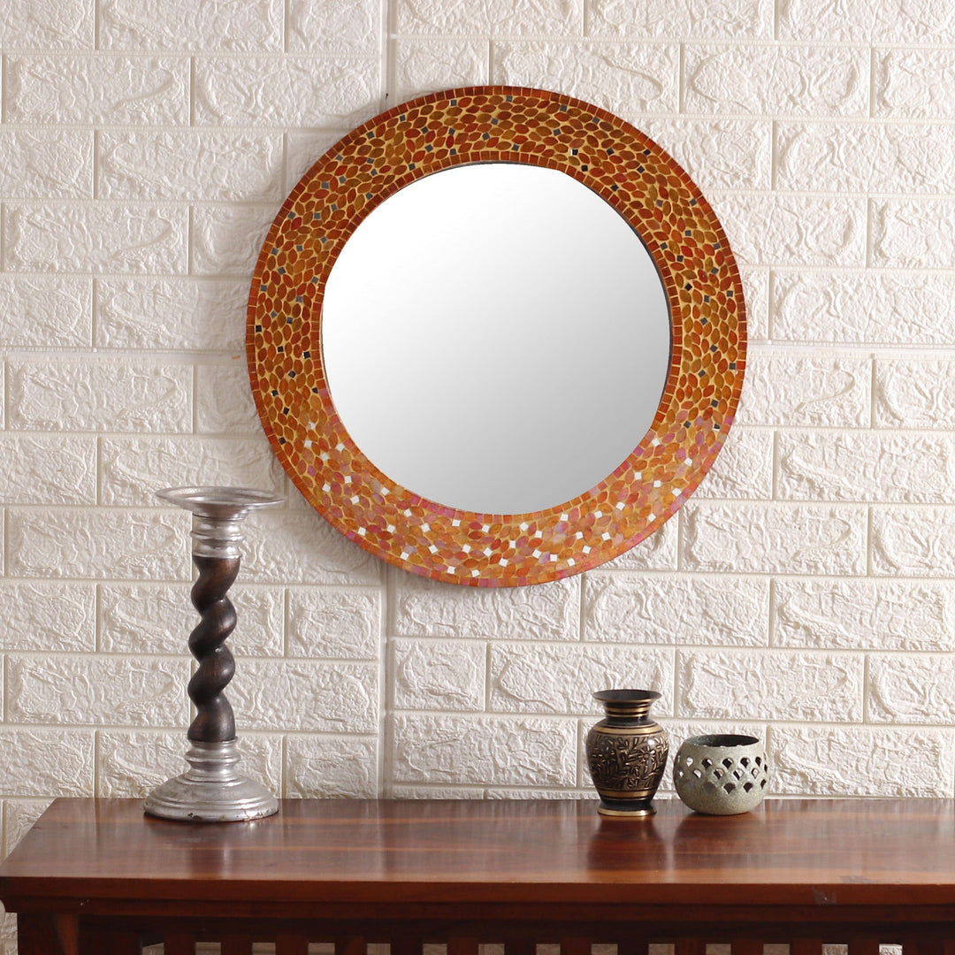 Autumn-Inspired Round Orange Glass and Wood Wall Mirror - Autumn Fragments