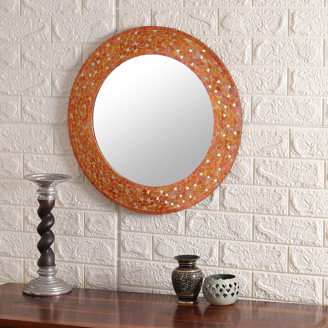 Autumn-Inspired Round Orange Glass and Wood Wall Mirror - Autumn Fragments