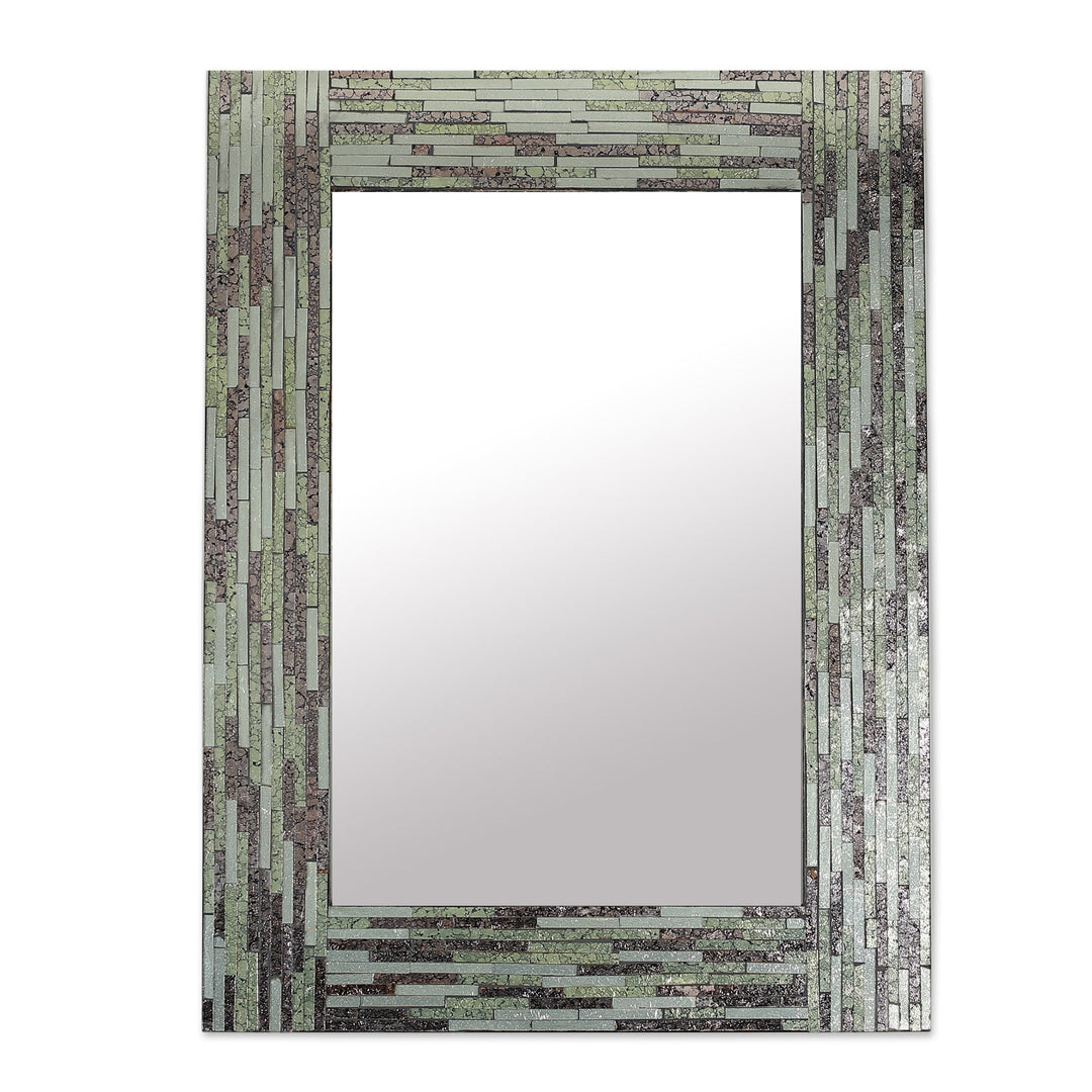 Rectangular Green Grey Wall Mirror with Glass Mosaic Frame - Aqua Bliss