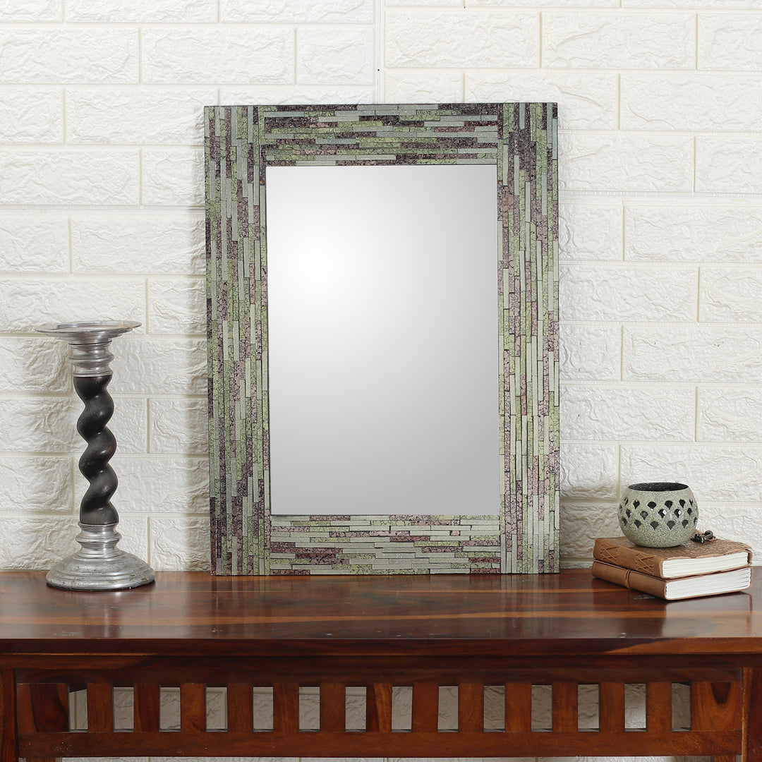 Rectangular Green Grey Wall Mirror with Glass Mosaic Frame - Aqua Bliss