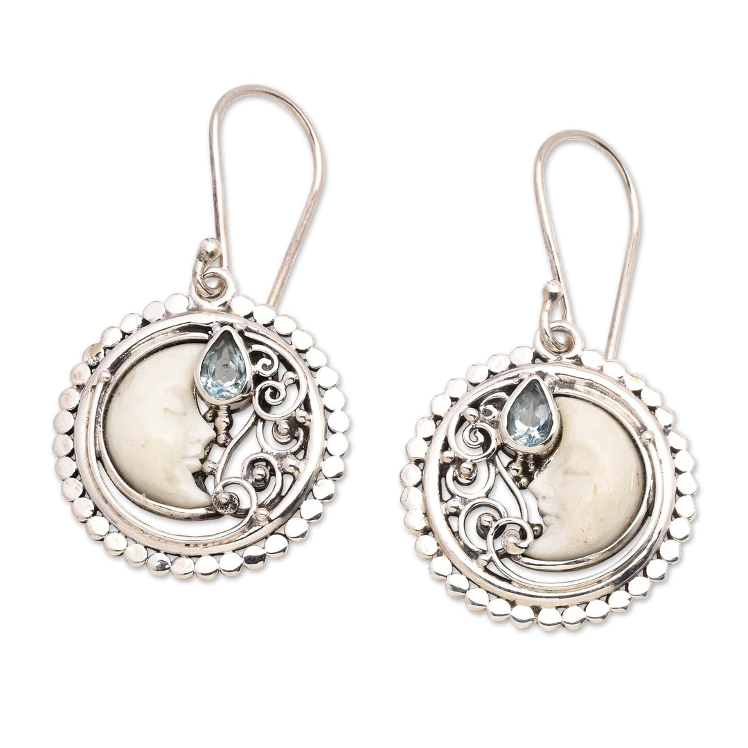 Blue Topaz and Sterling Silver Crescent Moon Dangle Earrings - Sleeping Moon