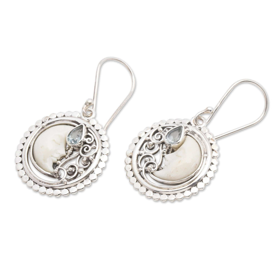 Blue Topaz and Sterling Silver Crescent Moon Dangle Earrings - Sleeping Moon