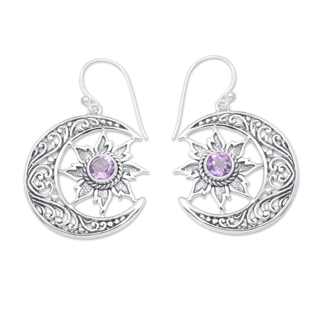 Traditional Moon and Floral-Themed Amethyst Dangle Earrings - Purple Cycle
