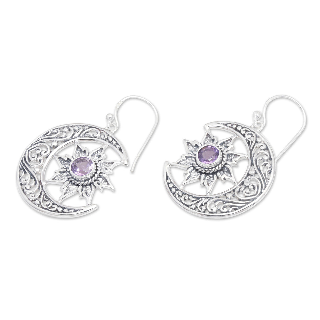Traditional Moon and Floral-Themed Amethyst Dangle Earrings - Purple Cycle