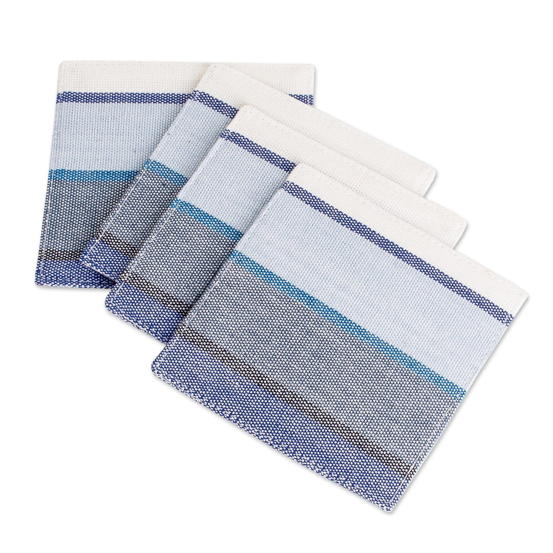 Set of 4 Handwoven Striped Blue Black White Cotton Coasters - Sumptuous Entertaining
