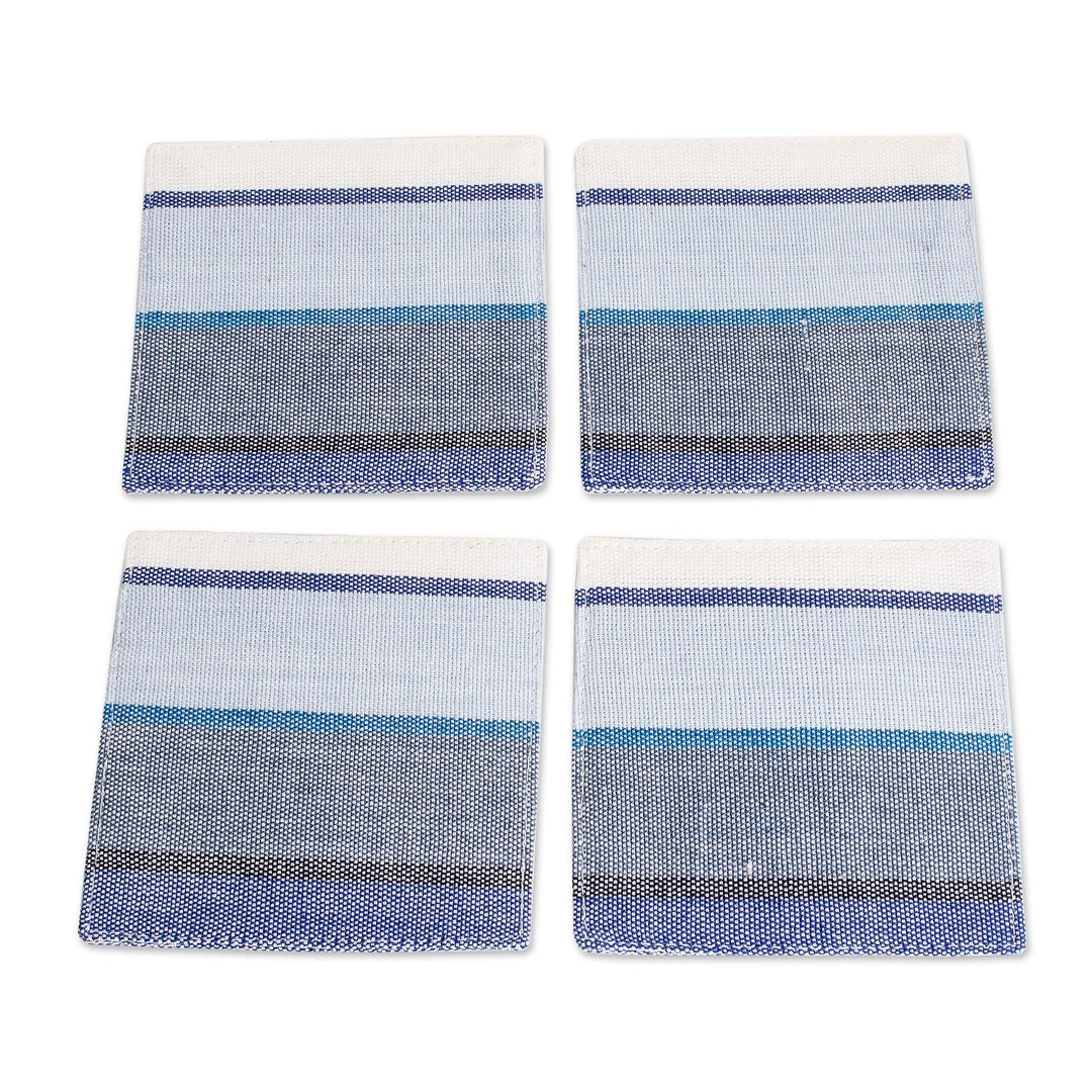 Set of 4 Handwoven Striped Blue Black White Cotton Coasters - Sumptuous Entertaining