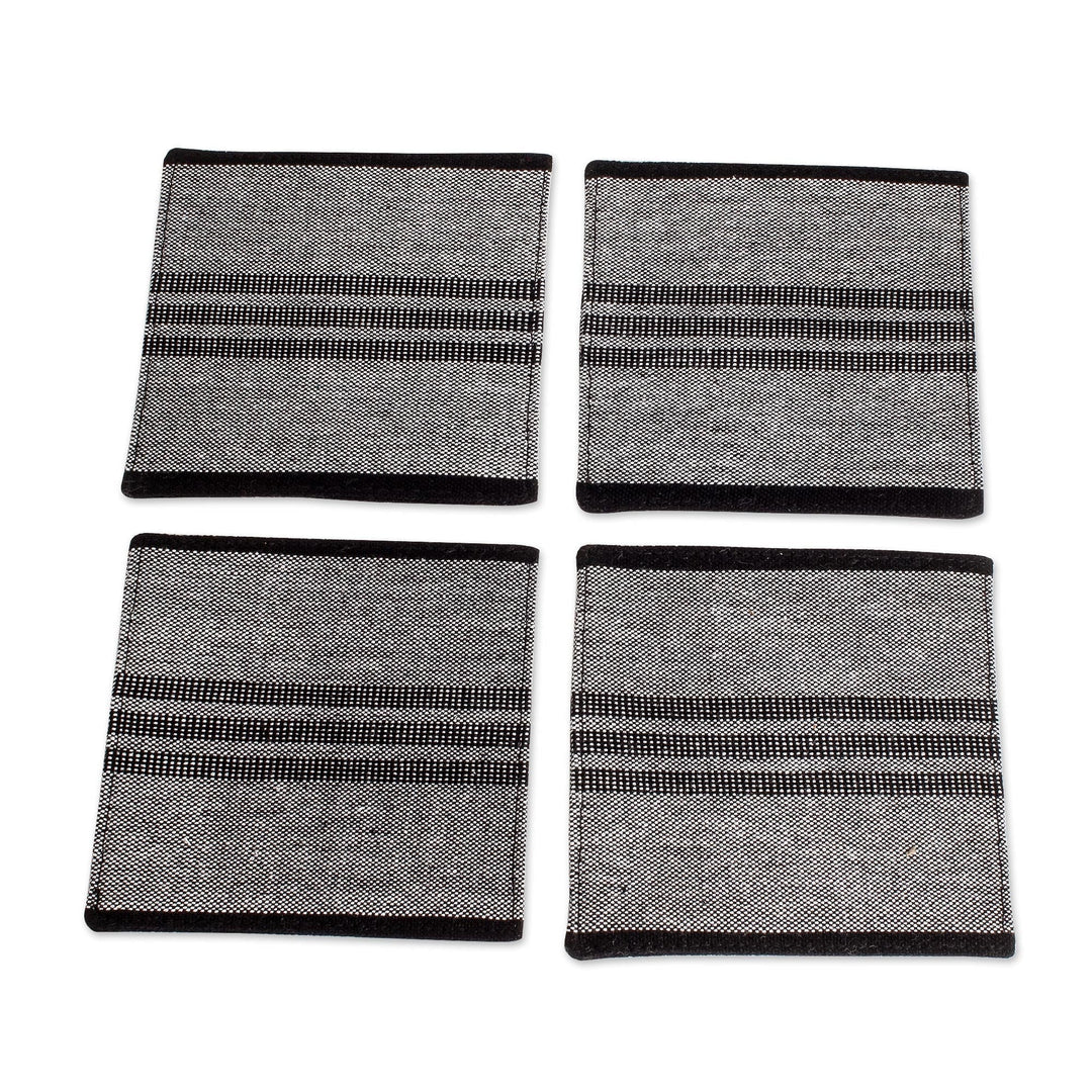 Set of 4 Handwoven Striped Grey Black White Cotton Coasters - Luxurious Entertaining