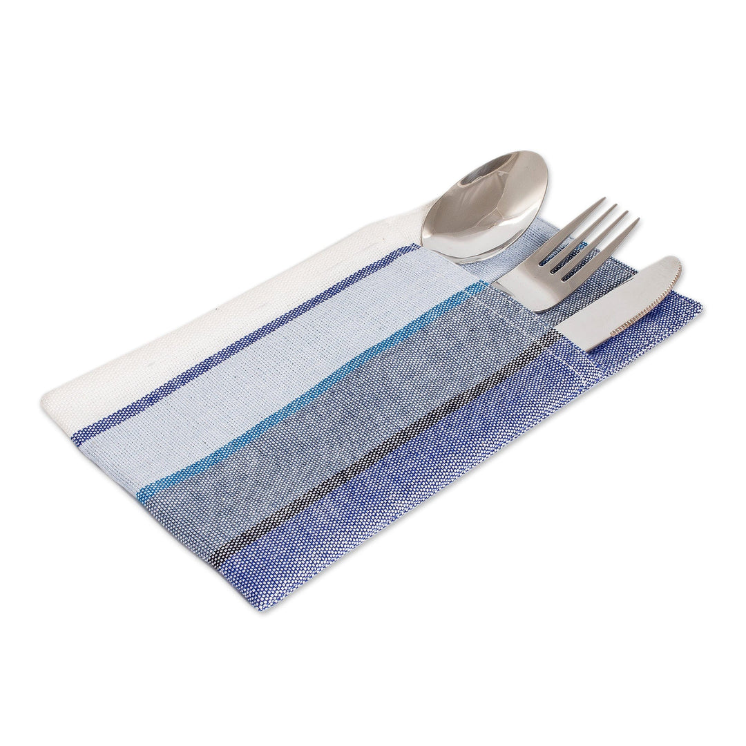 4 Handwoven Striped Blue and White Cotton Cutlery Holders - Sumptuous Entertaining