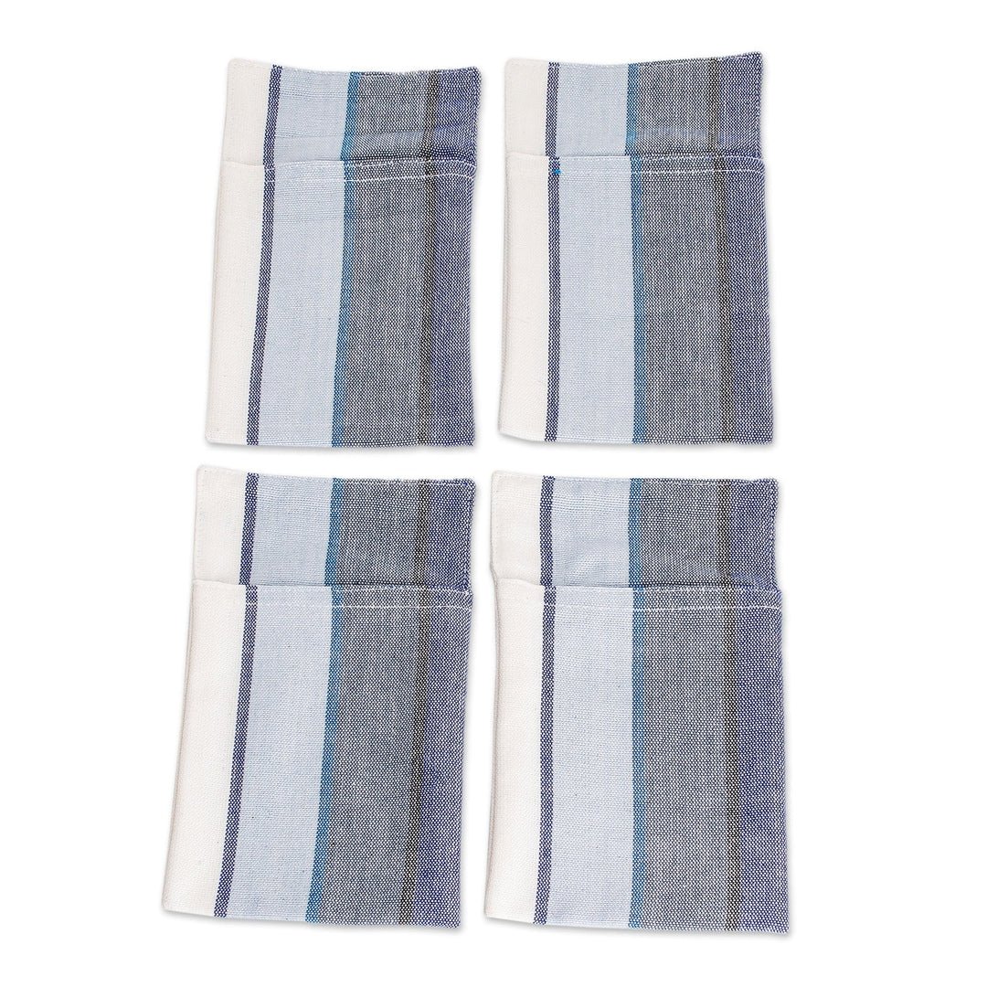 4 Handwoven Striped Blue and White Cotton Cutlery Holders - Sumptuous Entertaining