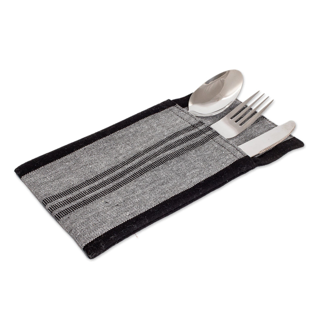 Set of 4 Handwoven Striped Black Grey Cotton Cutlery Holders - Luxurious Entertaining
