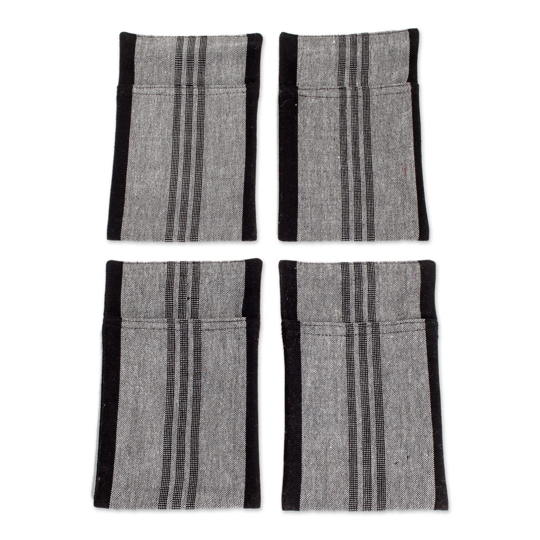 Set of 4 Handwoven Striped Black Grey Cotton Cutlery Holders - Luxurious Entertaining