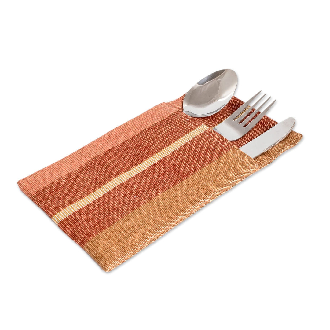 4 Handwoven Striped Brown and Beige Cotton Cutlery Holders - Charming Entertaining