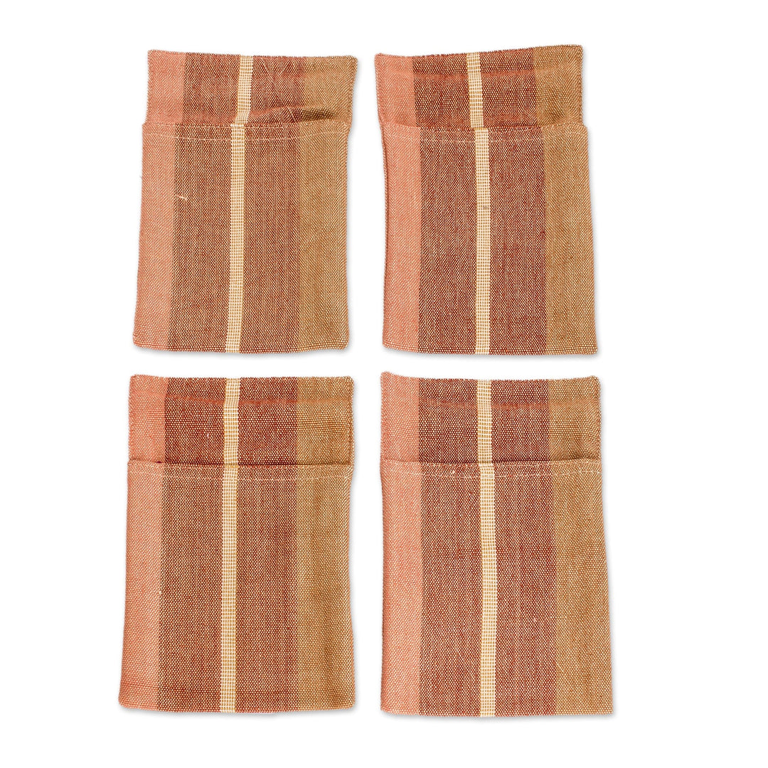 4 Handwoven Striped Brown and Beige Cotton Cutlery Holders - Charming Entertaining