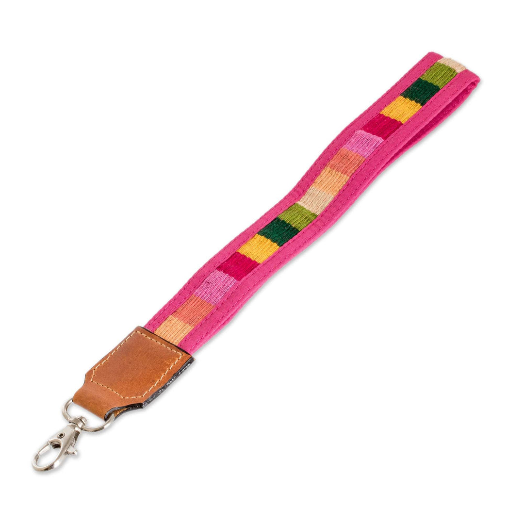 Handwoven Pink Cotton Strap Keychain with Leather Accent - Colorful Charm