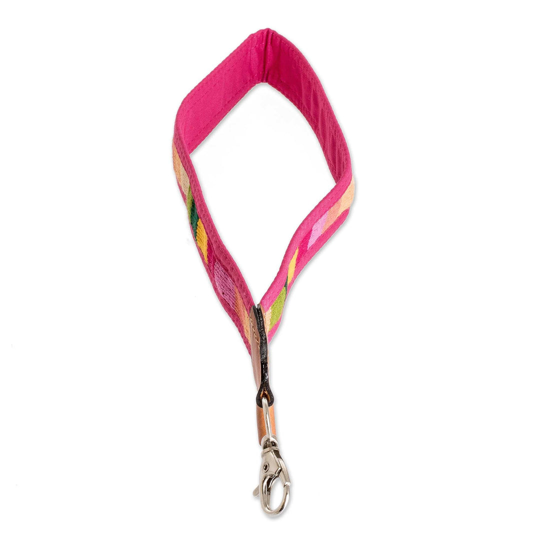 Handwoven Pink Cotton Strap Keychain with Leather Accent - Colorful Charm