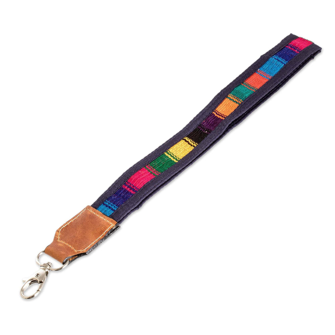 Handwoven Blue Cotton Strap Keychain with Leather Accent - Colorful Vibe