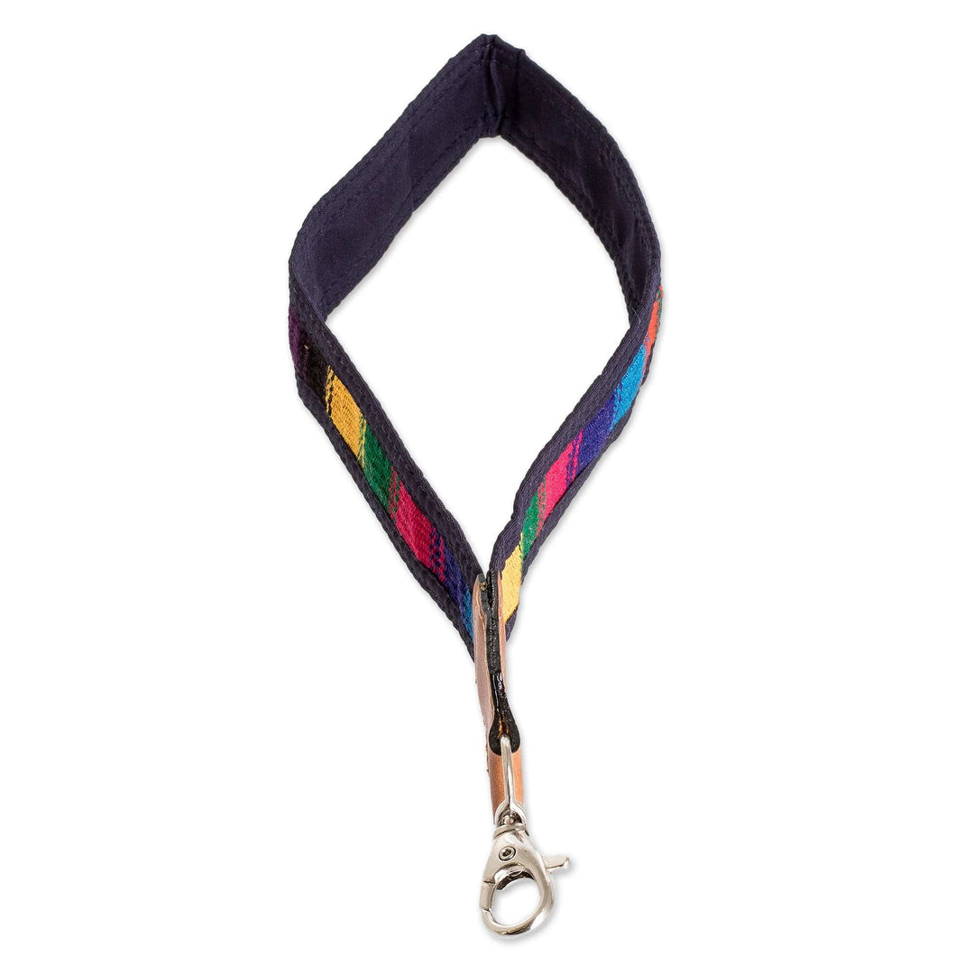 Handwoven Blue Cotton Strap Keychain with Leather Accent - Colorful Vibe