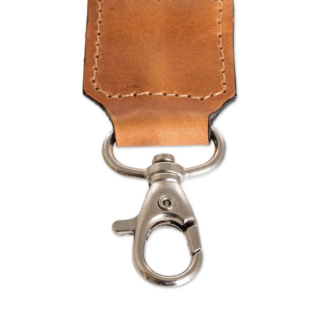 Handwoven Blue Cotton Strap Keychain with Leather Accent - Colorful Vibe