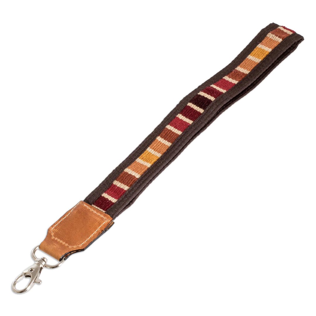 Leather-Accented Handwoven Cotton Lanyard in Red and Orange - Tropical Autumn